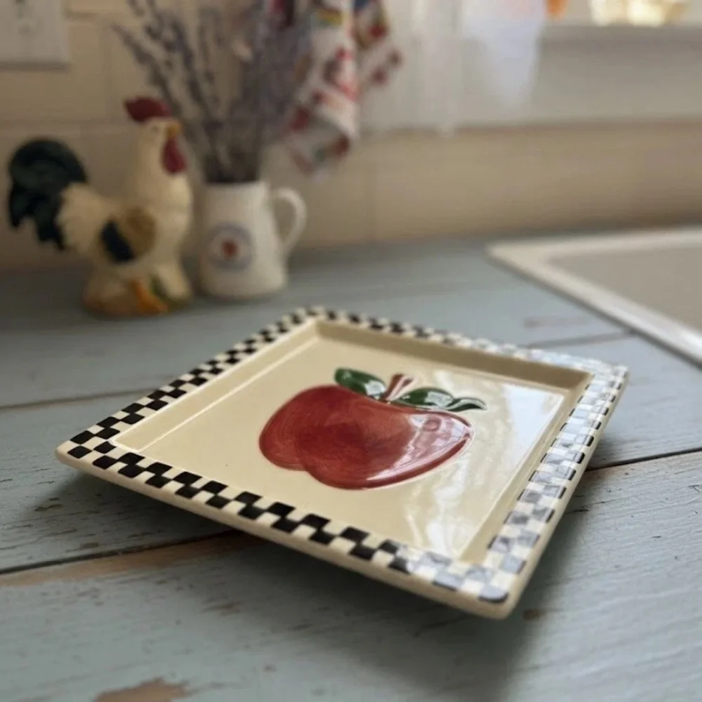VTG Cottagecore‎ Painted Apple Sakura China Co Ceramic Square Trivet Checkered